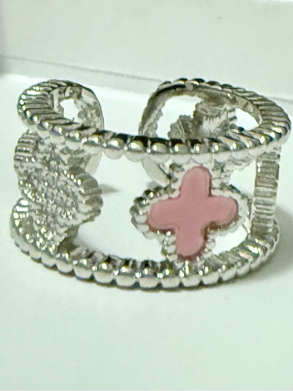 NEW! Silver Openwork Ring with Pink Clover Accent - size 7